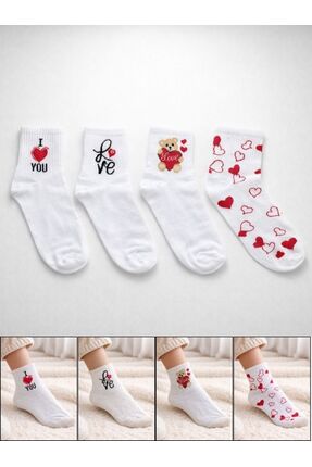 VerdeHome Love Temalı Kadın Beyaz Soket Çorap Seti – 4’lü Kalpli & Ayıcık Des...