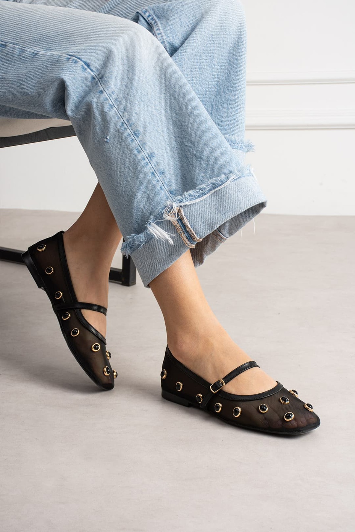 diclepolat  Kadın Siyah Taş Detaylı Babet Kare Burun Bantlı Mary Jane Düz Ayakkabı Hanna - Görsel 3