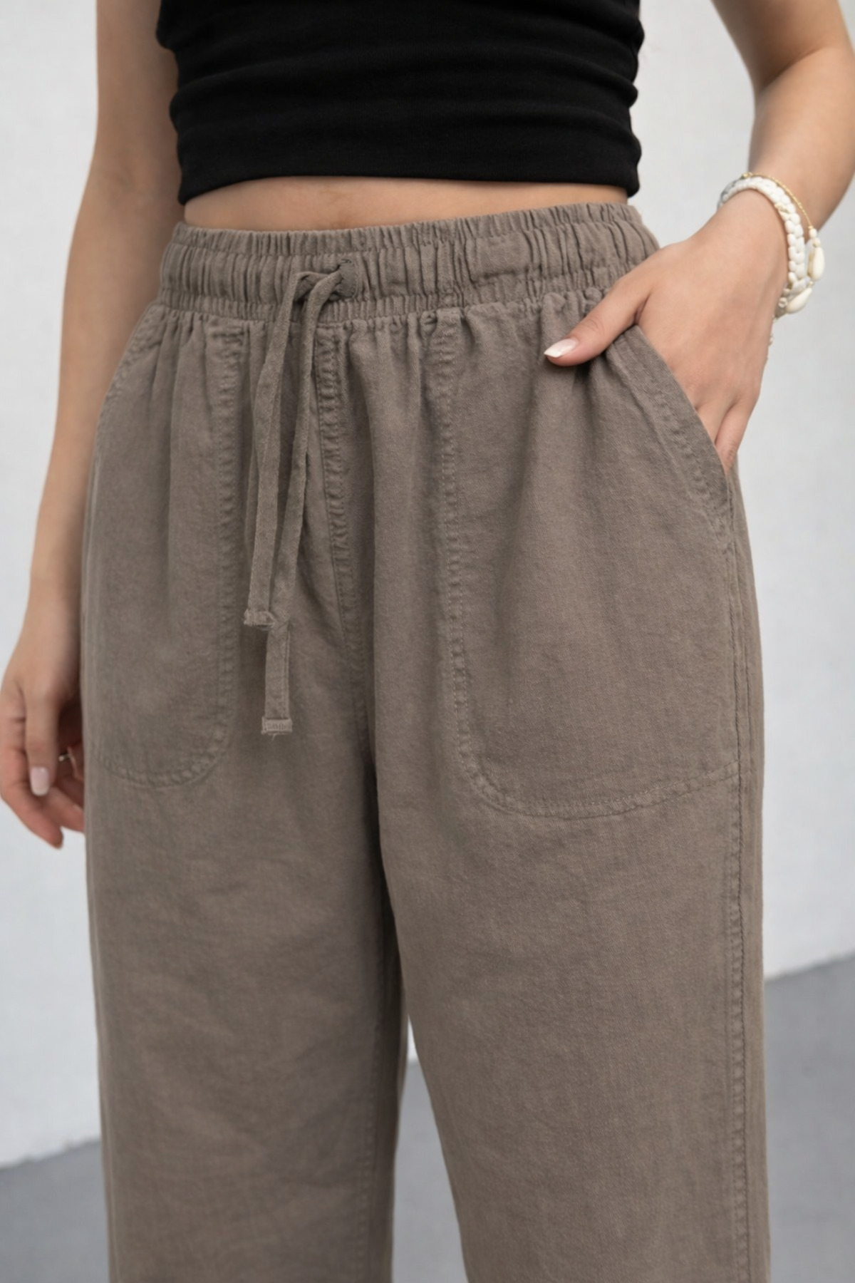 COMBİNE MİCHAİL  Kadın Beli Lastikli Bol Vizon Keten Pantolon - Görsel 5