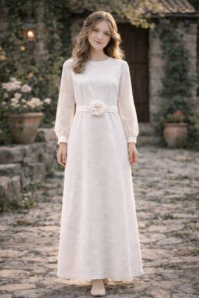 Tarz Çocuk Kız Çocuk Beyaz Jakarlı Uzun Kollu Maxi Özel Gün Elbise Fiyonklu 1...