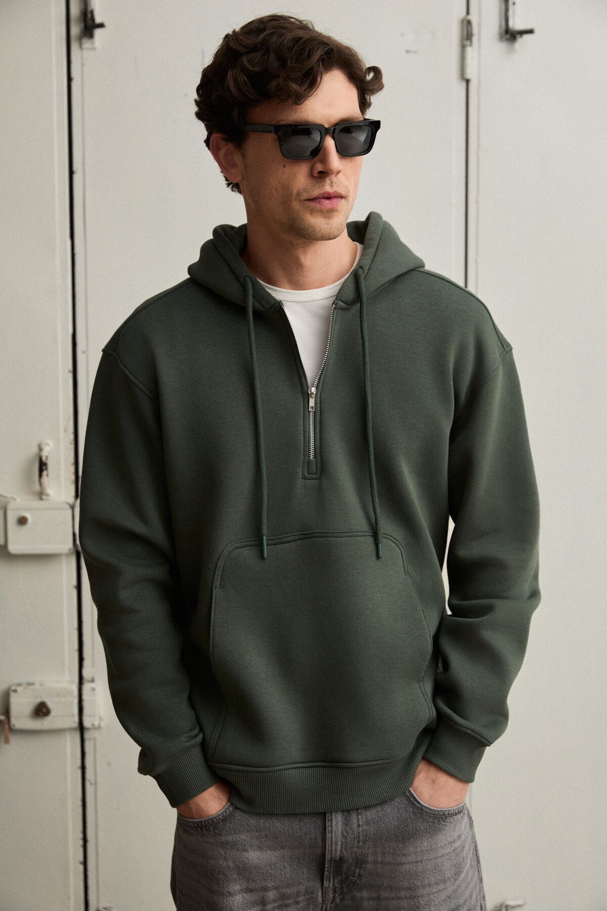 GRIMELANGE  JUSTUS Erkek Kapüşonlu Kanguru Cepli Fermuar Yakalı Yeşil Sweatshirt - Görsel 2