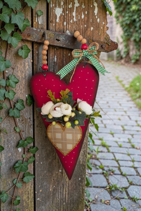 Lotus El Yapımı El Boyama Kalp Kapı Süsü Çiçek Detaylı Country Tasarım 20x17 cm