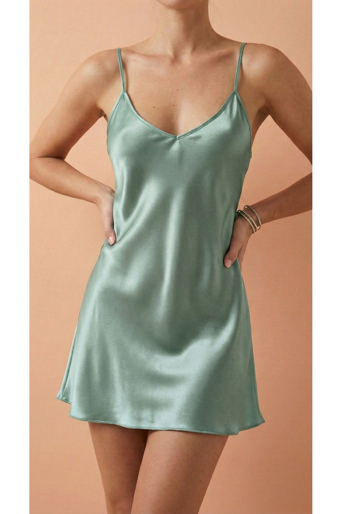 GIONA Kadın Su Yeşili Saten Gecelik