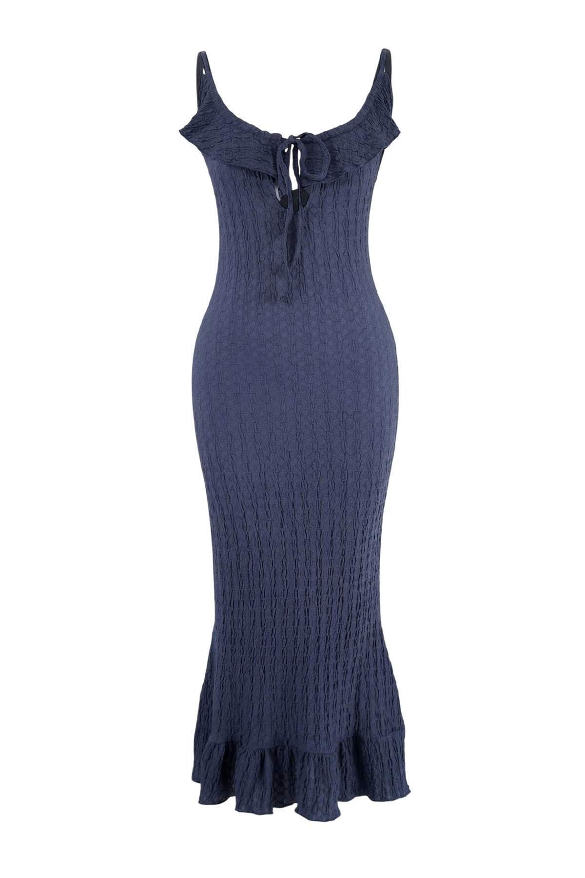 Trendyolmilla  Indigo Örme Maxi Fırfırlı Plaj Elbisesi TBESS26EL00013 - Görsel 3