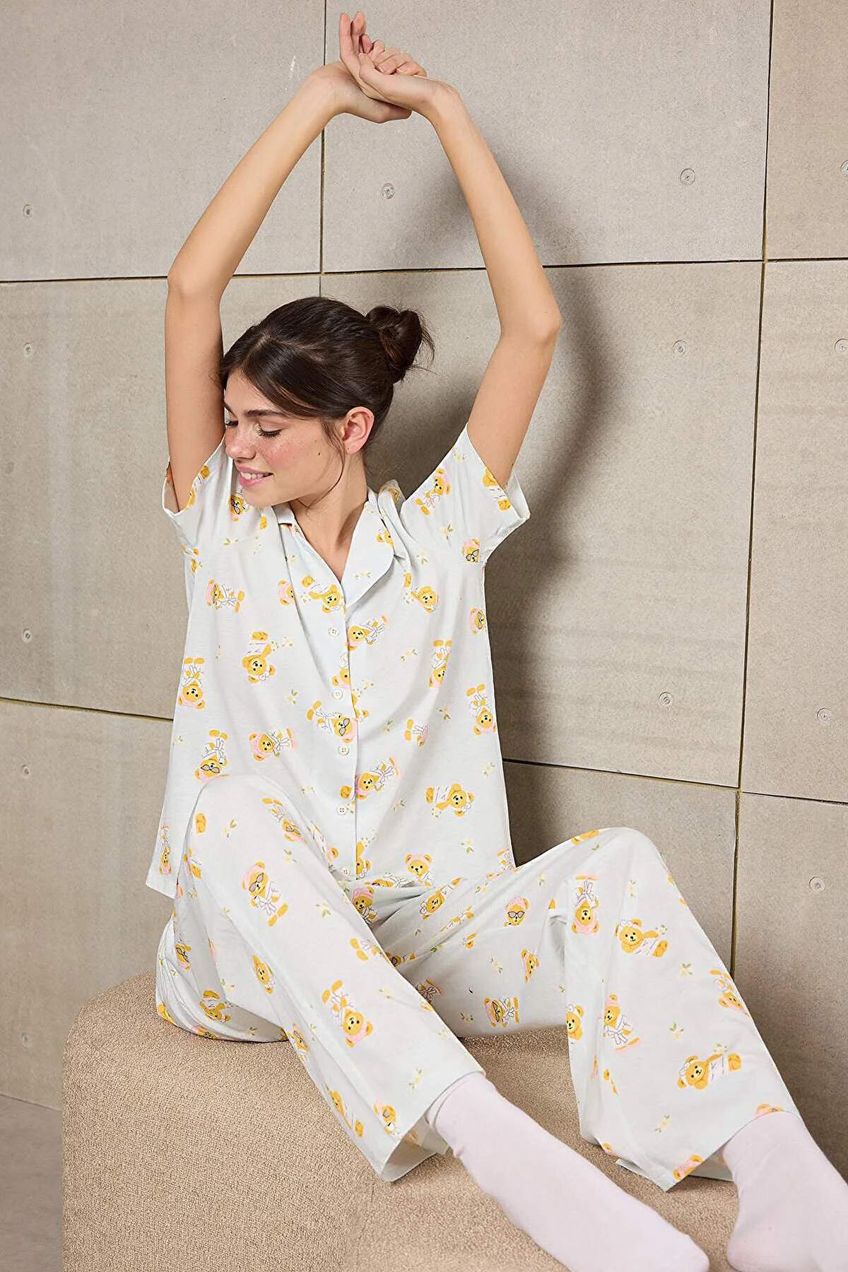 Trendyolmilla  Teen Mavi %100 Pamuklu Ayıcık Desenli Örme Pijama Takımı THMSS26PT00025 - Görsel 3