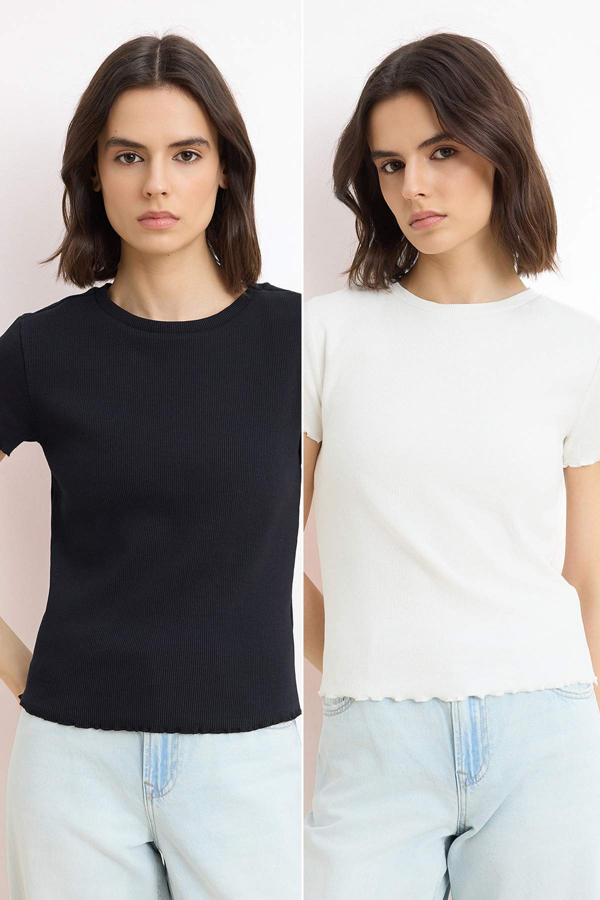 Trendyolmilla  Wardrobe Essentials-Siyah-Ekru 2'li Paket Fitted/Vücuda Oturan Esnek Örme T-Shirt TWOSS26TS00154 - Görsel 8