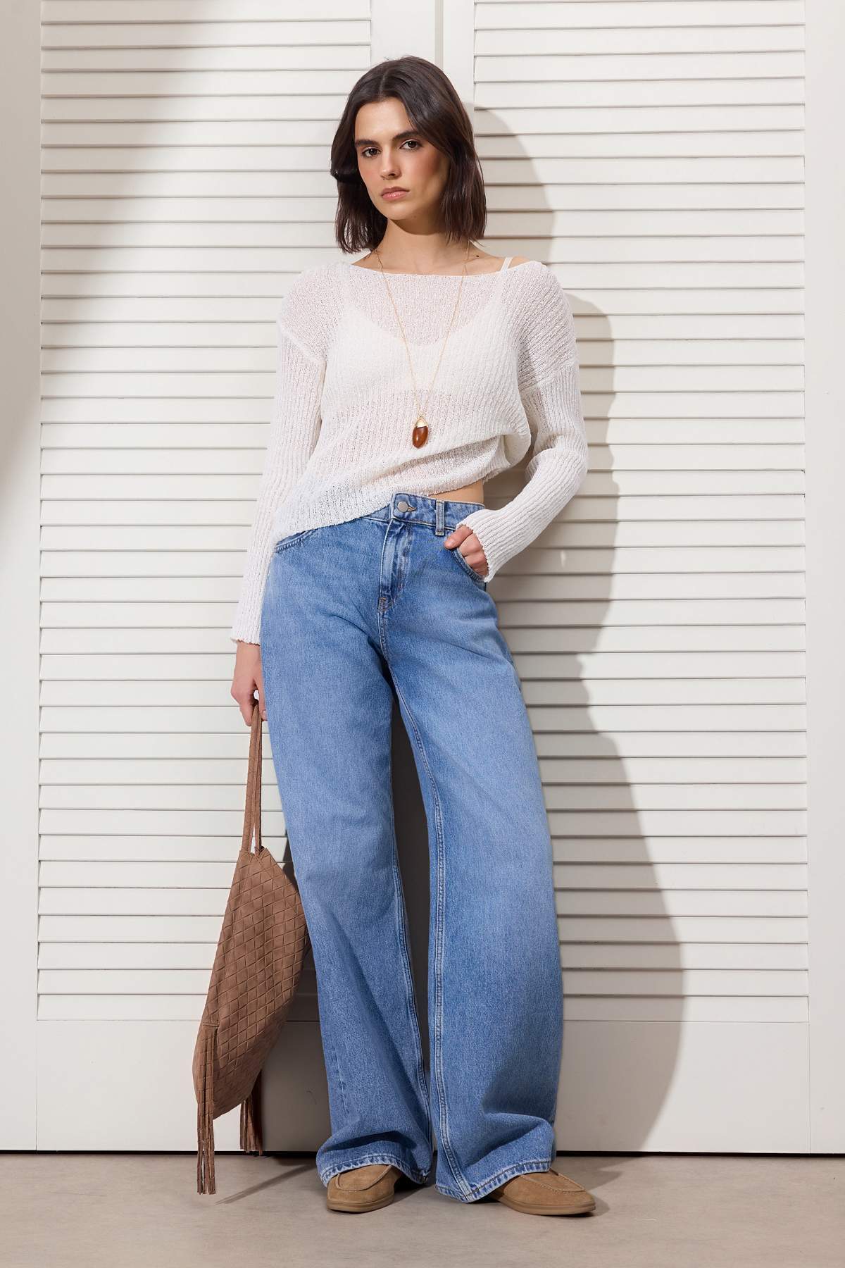 Trendyolmilla  Ekru Yazlık Özel İplik Pamuklu Geniş Kalıp Triko Kazak TWOSS26KZ00014 - Görsel 2