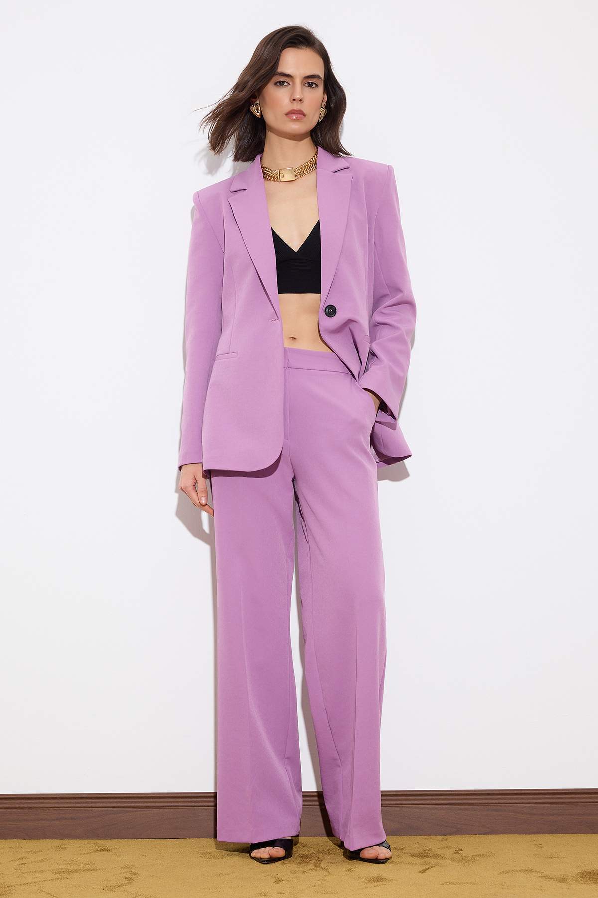 Trendyolmilla  Limited Edition Lila Wideleg Dokuma Premium Pantolon TWOSS26PL00057 - Görsel 3