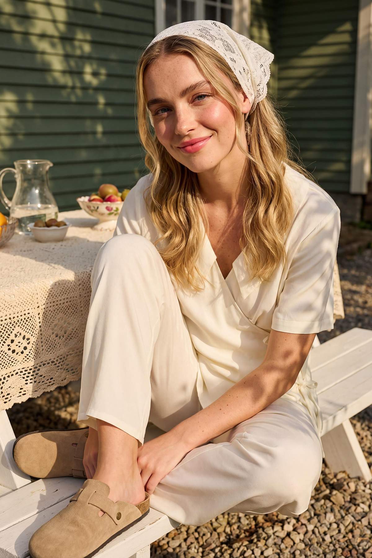 Trendyolmilla  Ekru Kruvaze Yaka Bağlama Detaylı Viskon Dokuma Pijama Takımı THMSS26PT00029 - Görsel 3