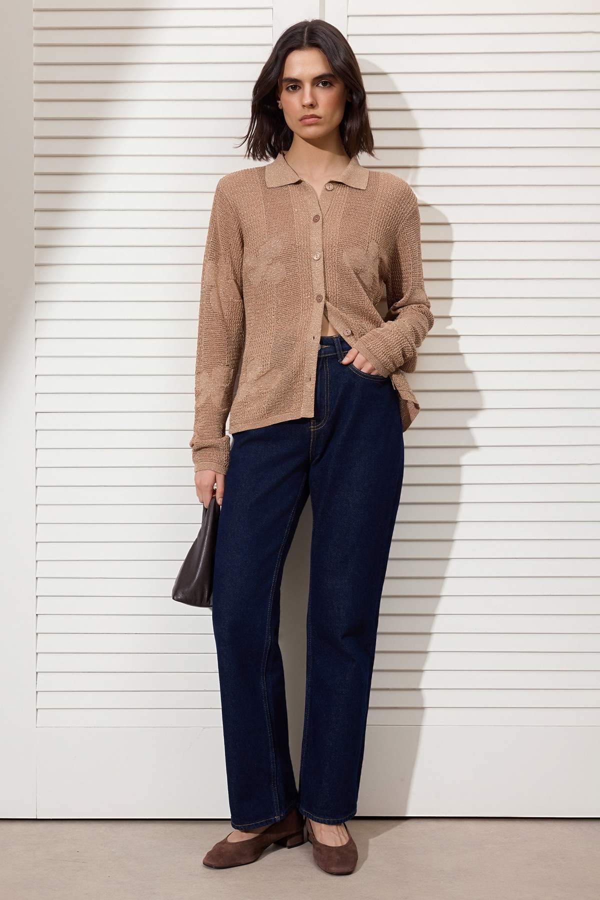 Trendyolmilla  Camel Polo Yaka Ajurlu/Delikli Nakışlı Triko Hırka TWOSS26HI00011 - Görsel 3