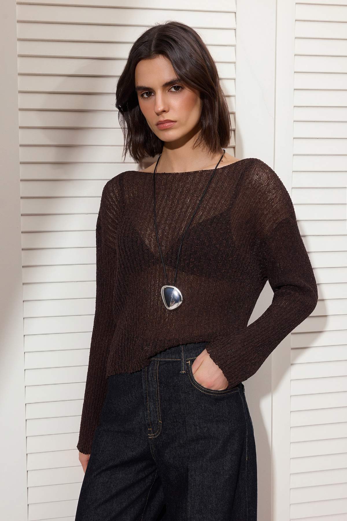 Trendyolmilla  Kahverengi Yazlık Özel İplik Pamuklu Geniş Kalıp Triko Kazak TWOSS26KZ00014 - Görsel 2