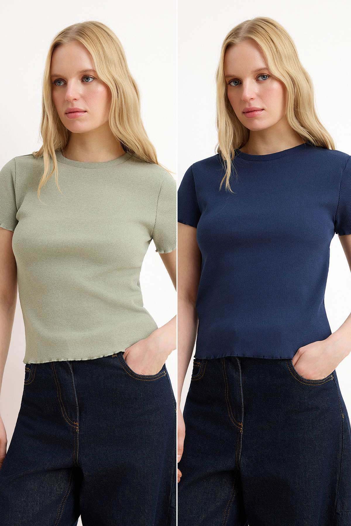 Trendyolmilla  Wardrobe Essentials-Lacivert-Haki 2'li Paket Fitted/Vücuda Oturan Esnek Örme T-Shirt TWOSS26TS00154 - Görsel 9