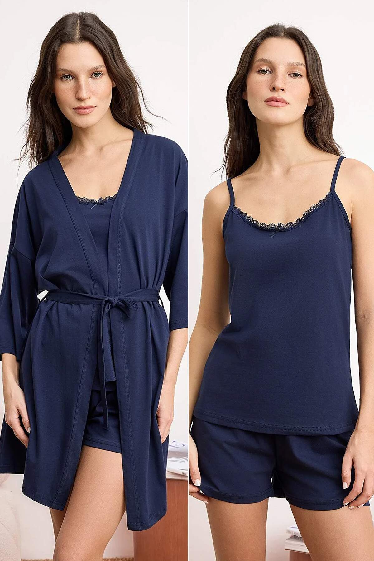 Trendyolmilla Lacivert 3'lü Pamuklu Dantelli Likralı Yumuşak Tuşe Örme Sabahlık+Pijama Takımı THMSS26PT00115