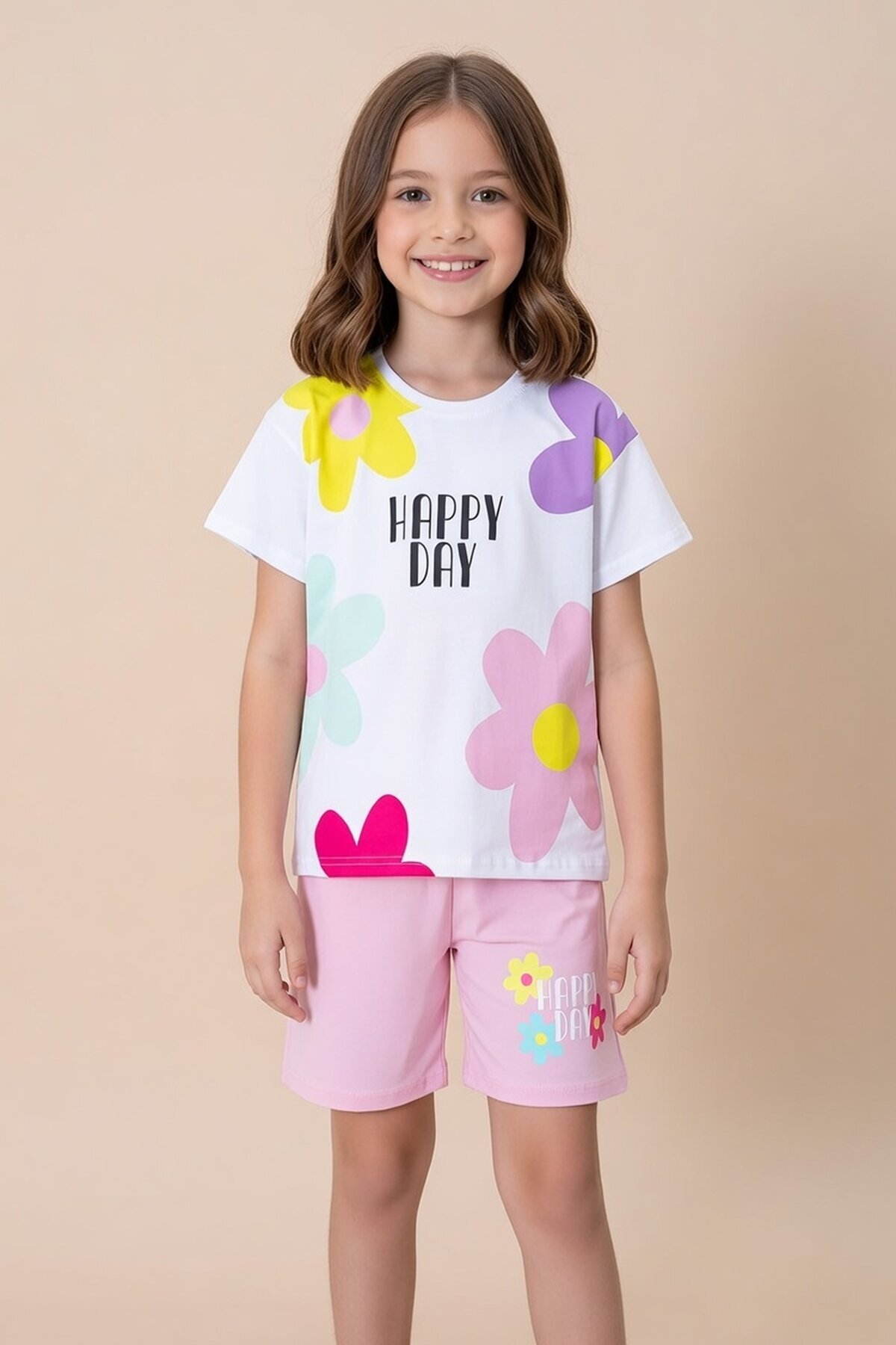 Cansın Mini Pink Color Flower Printed T-Shirt and Shorts Girls 2