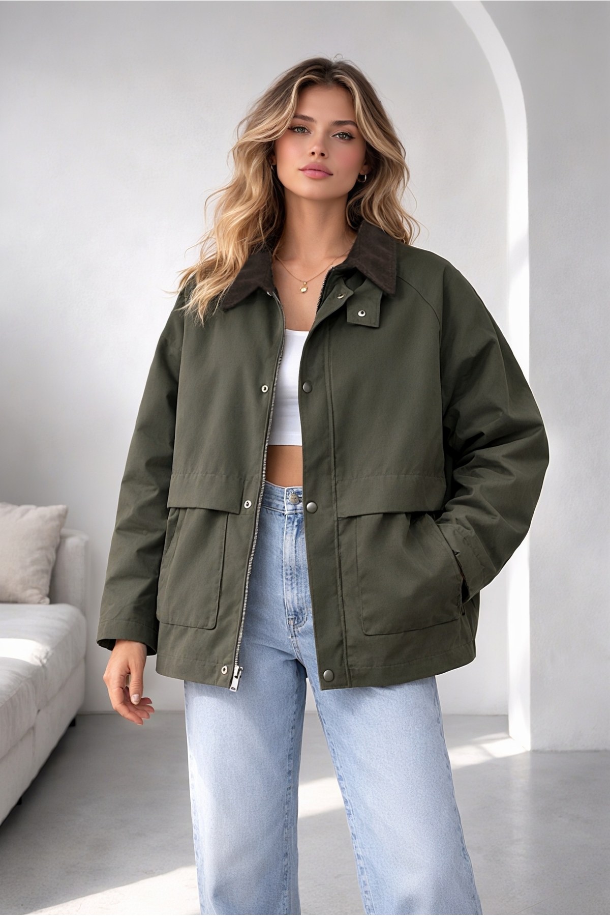 EA LİNE  Haki Regular Fit Kadife Yaka ve Çıtçıt Detaylı Unisex Mevsimlik Mont&Ceket