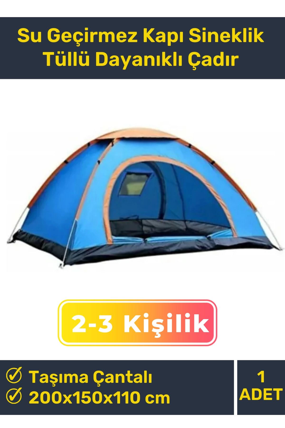 Floranova Premium Su Geçirmez Kapı Sineklik Tüllü Dayanıklı Kumaş Pratik Kolay Kurulum 2-3 Kişilik Kamp Çadırı