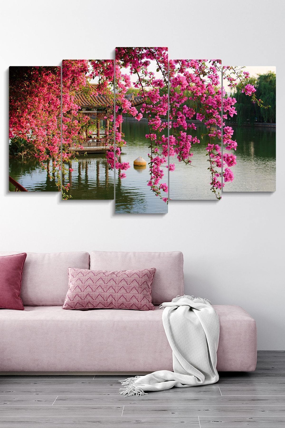 Pink Begonvil and Lake Landscape 5-Piece Mdf Table