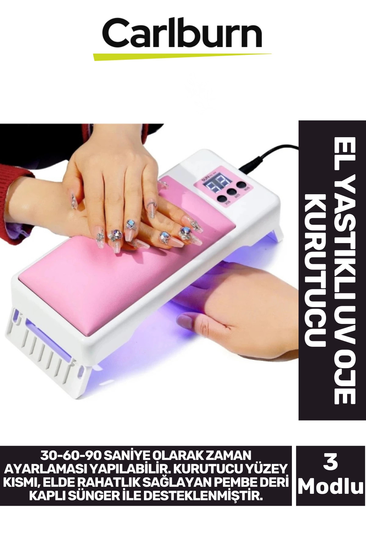 Premium Dijital Ekran 3 Kontrol Tuşlu Zaman Ayarlı Deri Kaplı Sünger El Yastıklı UV Jel Oje Kurutucu — 24.5 10.5 3 Cm 30-60-90 Sn