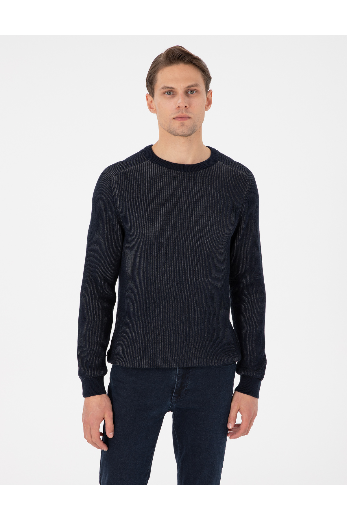ژاکت بافتنی یقه گرد اسلیم فیت سرمه‌ای ۵۰۲۹۷۱۱۷-VR033 پیر کاردین پلیور Pierre Cardin
