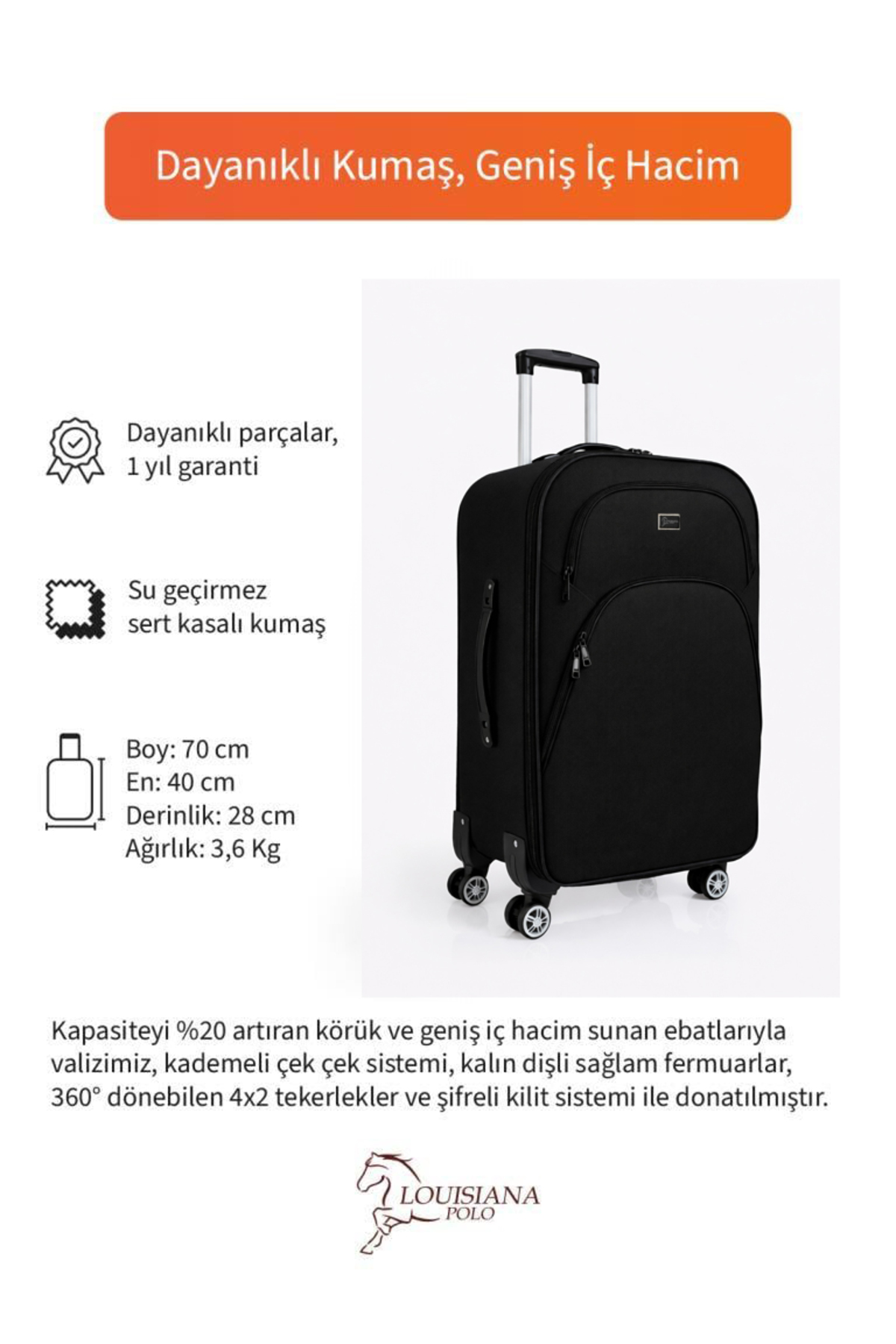 louisiana polo  Orta Boy 4 Teker Kumaş Valiz Siyah 1081 - Görsel 5