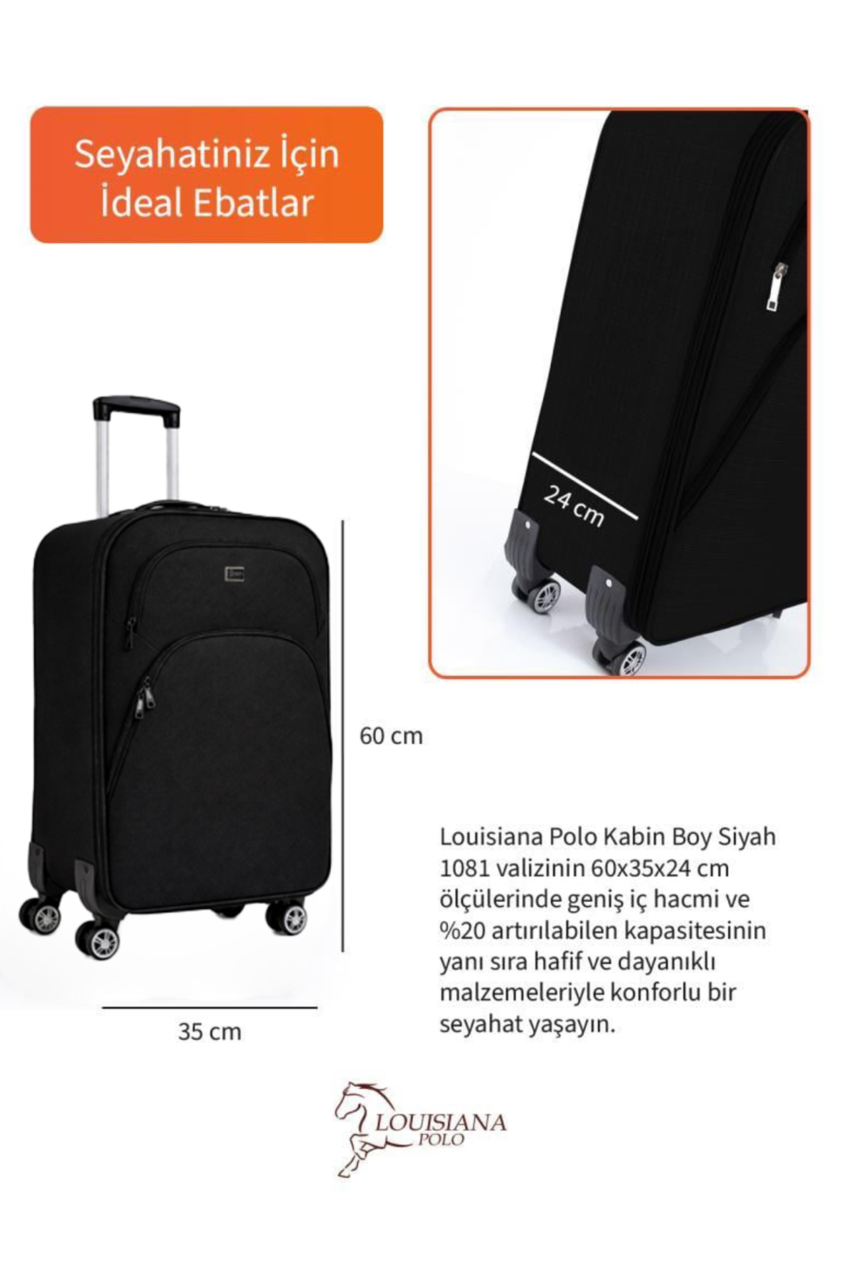 louisiana polo  Kabin Boy 4 Teker Kumaş Valiz Siyah 1081 - Görsel 3