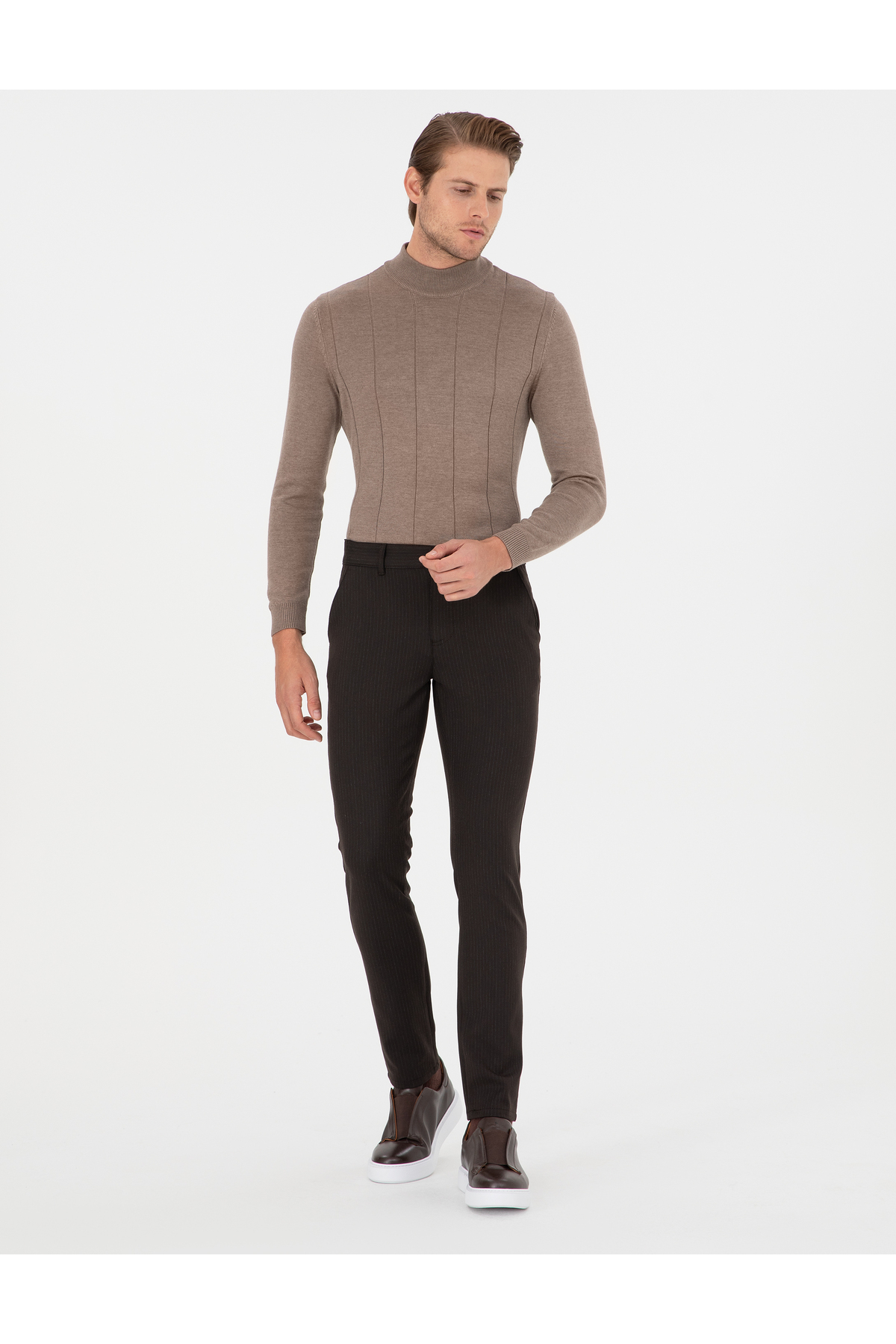 Pierre Cardin Kahverengi Slim Fit Çizgili Kanvas Pantolon 50299528-VR029 görsel 3
