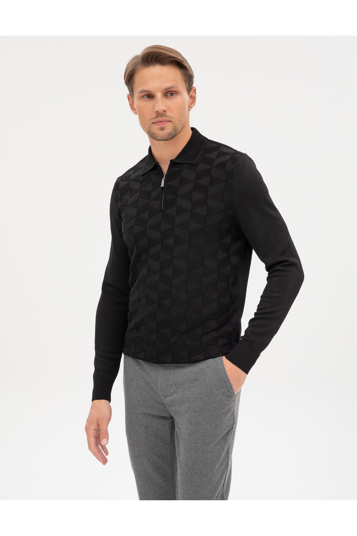Pierre Cardin Siyah Slim Fit Polo Yaka Fermuarlı Triko Kazak 50315688-VR046