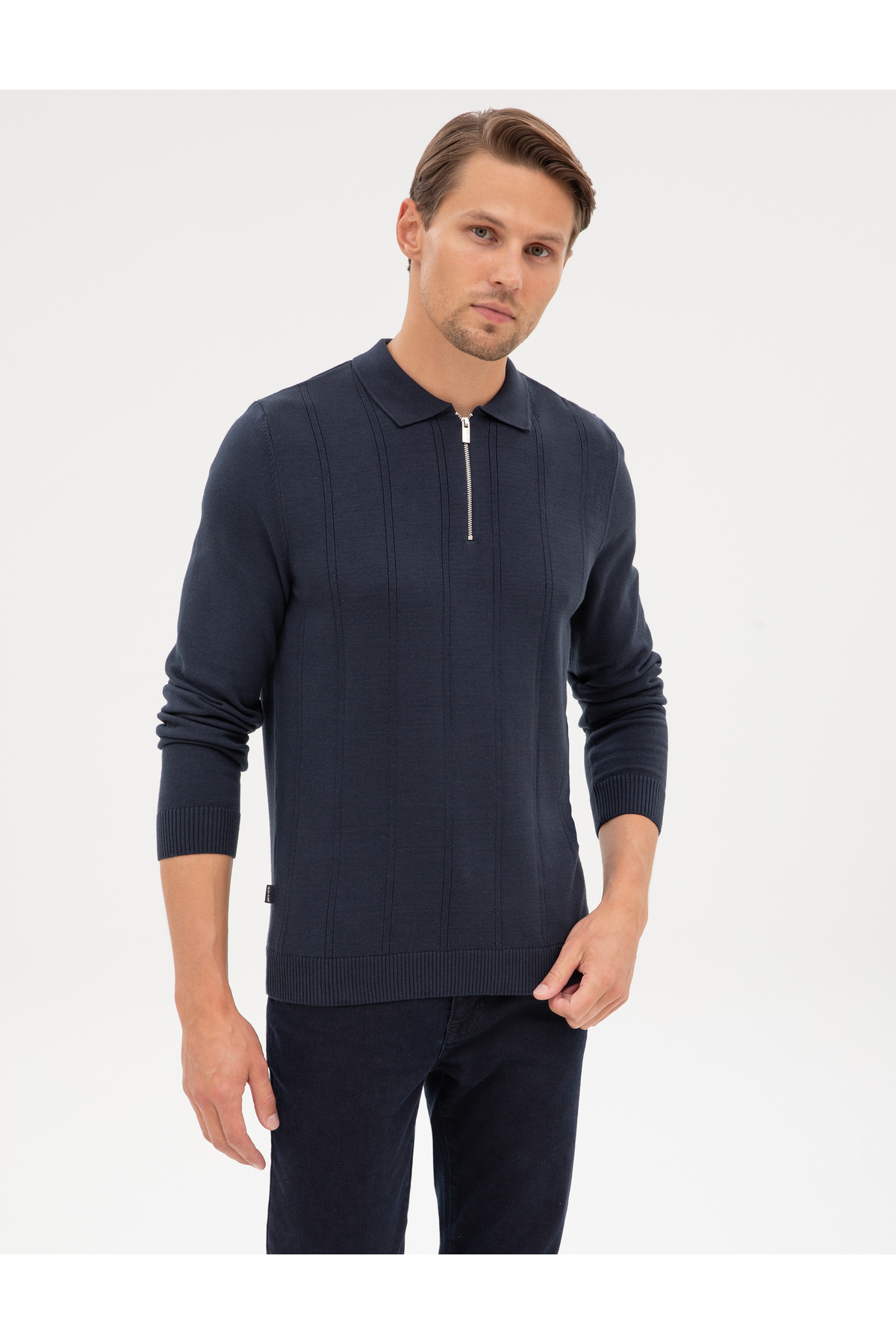 Pierre Cardin Lacivert Slim Fit Fermuarlı Polo Yaka Triko Kazak 50317398-VR033