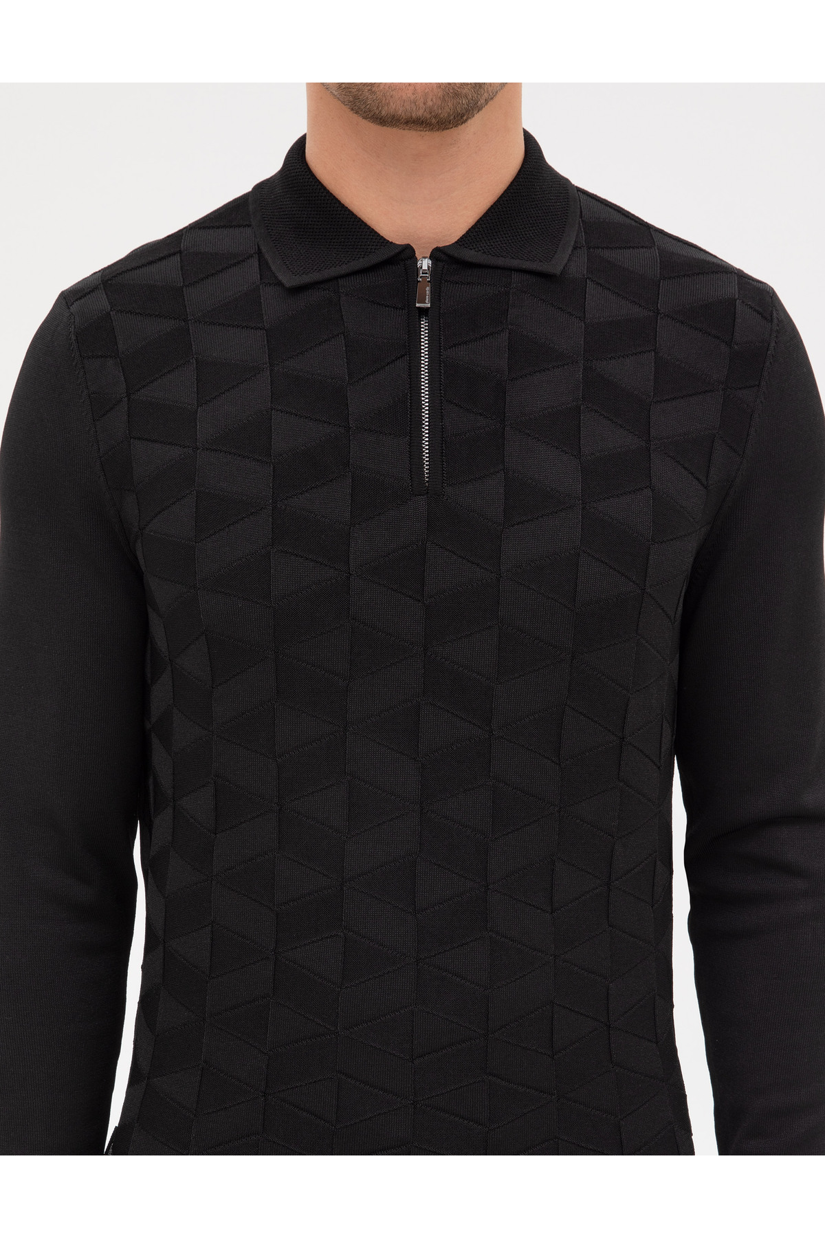 Pierre Cardin Siyah Slim Fit Polo Yaka Fermuarlı Triko Kazak 50315688-VR046 görsel 6
