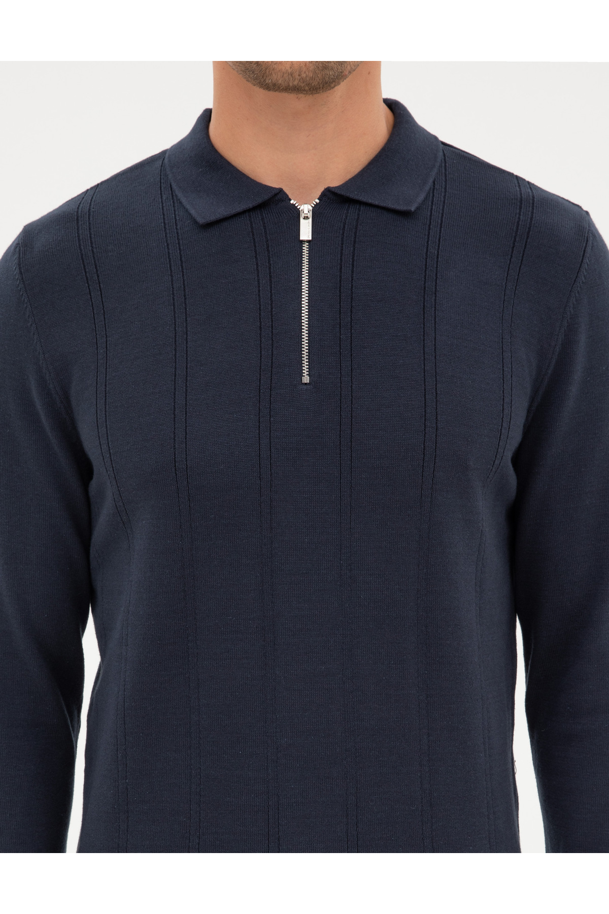 Pierre Cardin Lacivert Slim Fit Fermuarlı Polo Yaka Triko Kazak 50317398-VR033 görsel 6