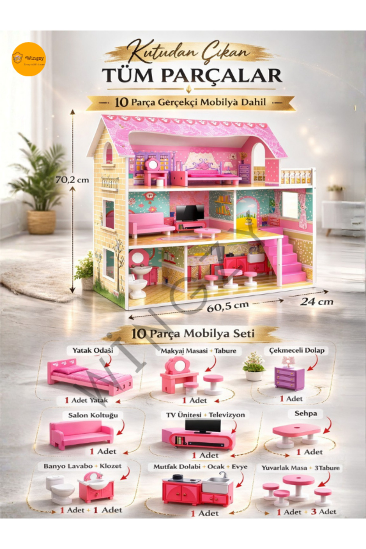 Pembe Ahşap Bebek Evi 3 Katlı Büyük Tasarım – 10 Parça Mobilyalı DEV Oyuncak Ev