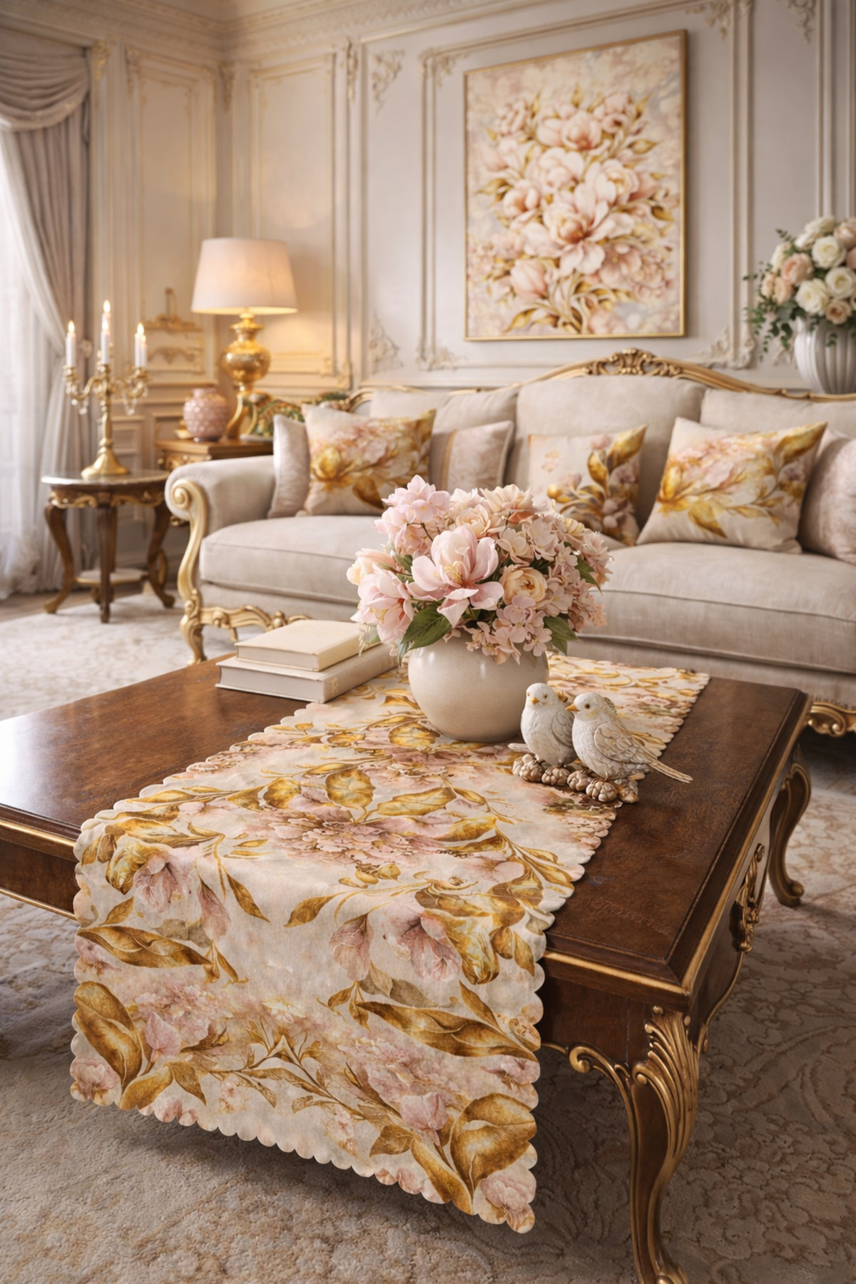 Cream Floor Gold Leaves Pattern Digital Printed Decorative Runner