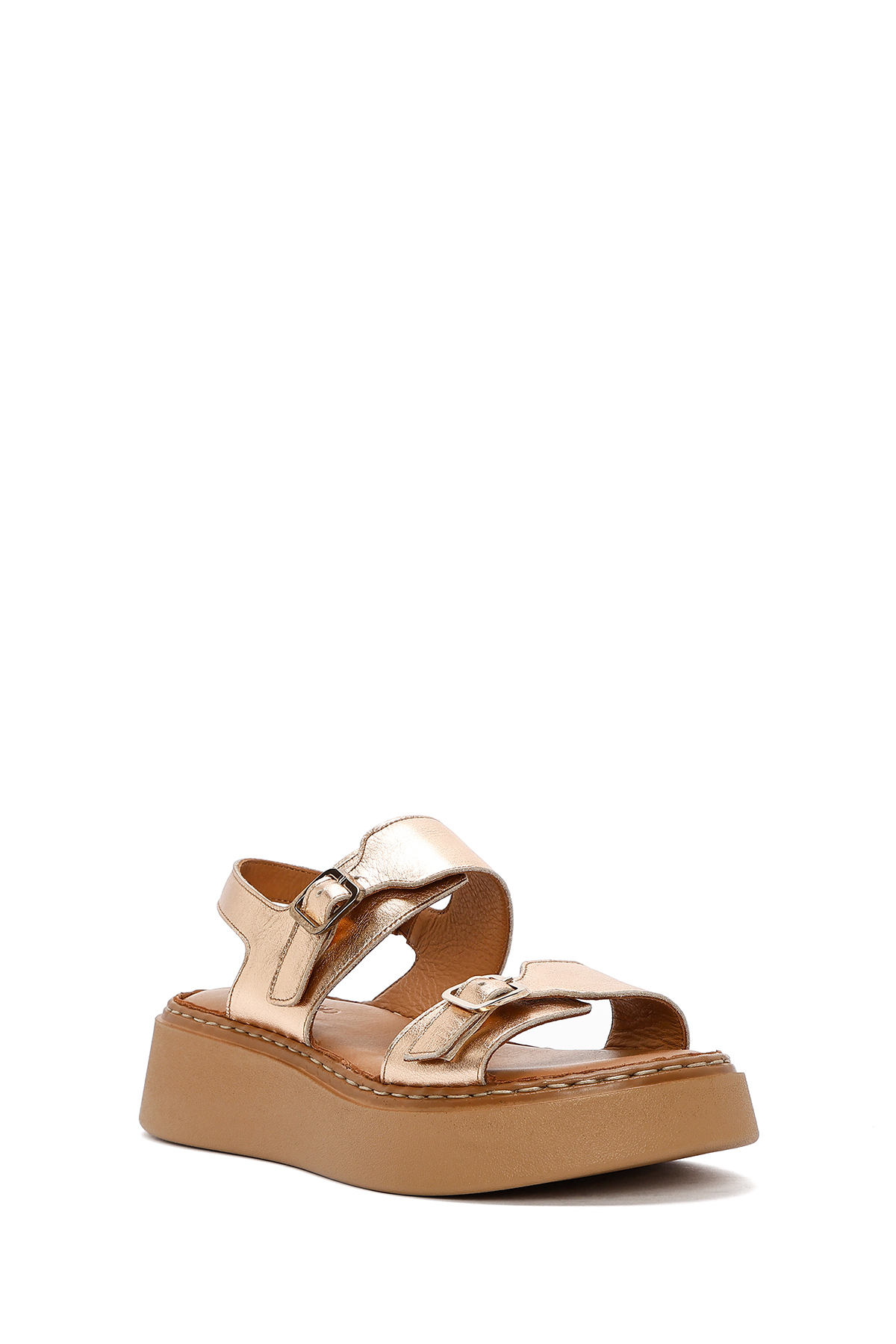 Derimod  Kadın Bronz Tokalı Kalın Tabanlı Metalik Hakiki Hakiki Deri Comfort Sandalet 25SFD342432 - Görsel 6