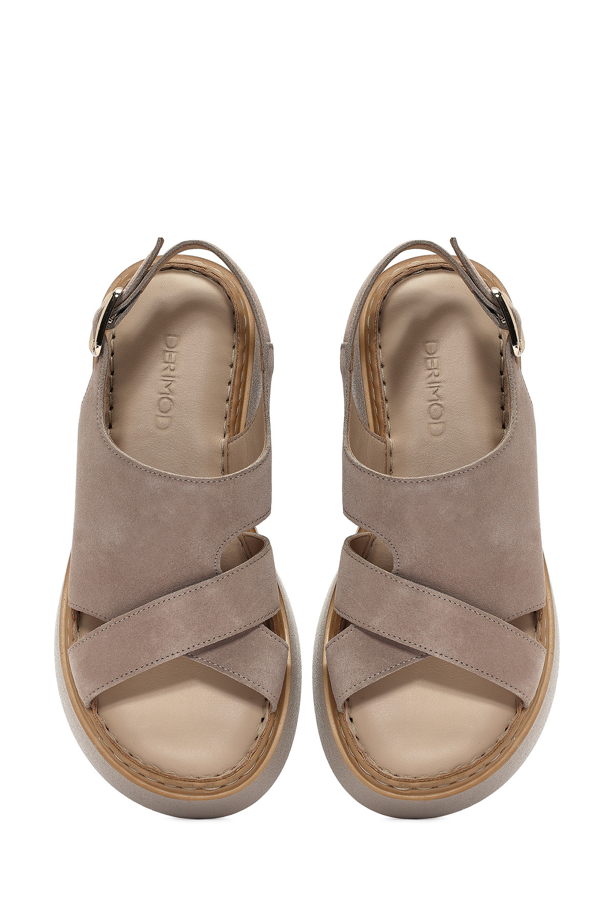 Derimod  Kadın Vizon Bilekten Tokalı Kalın Tabanlı Süet Hakiki Hakiki Deri Comfort Sandalet 25SFD342310 - Görsel 7