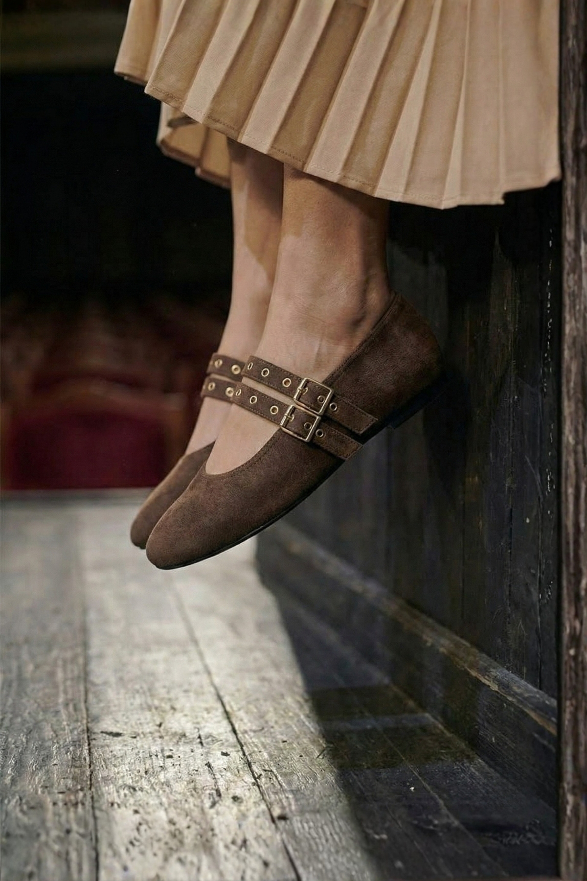 Marjin  Kadın Çift Bantlı Zımbalı Günlük Babet Bekosa Kahve Süet - Görsel 6