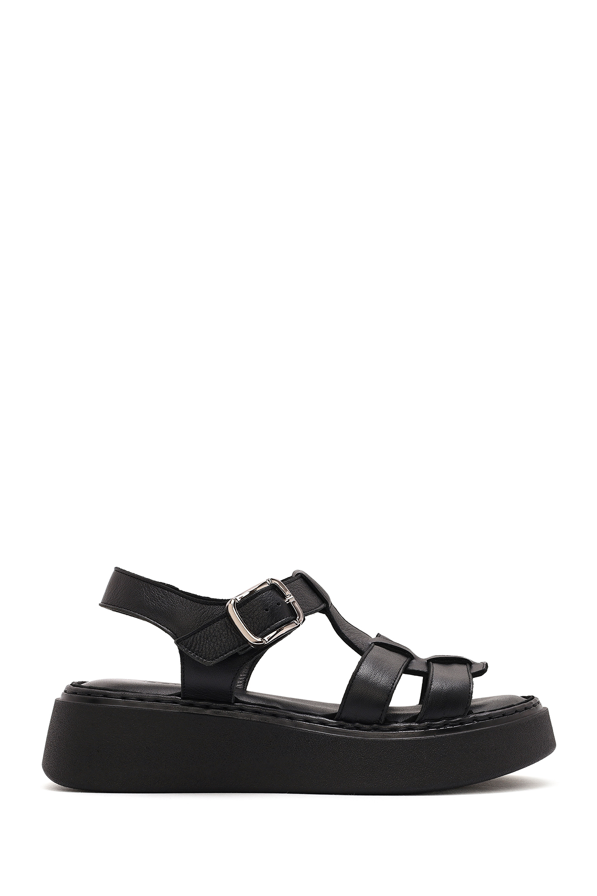 Derimod  Kadın Siyah Tokalı Kalın Tabanlı Hakiki Hakiki Deri Comfort Sandalet 25SFD343018