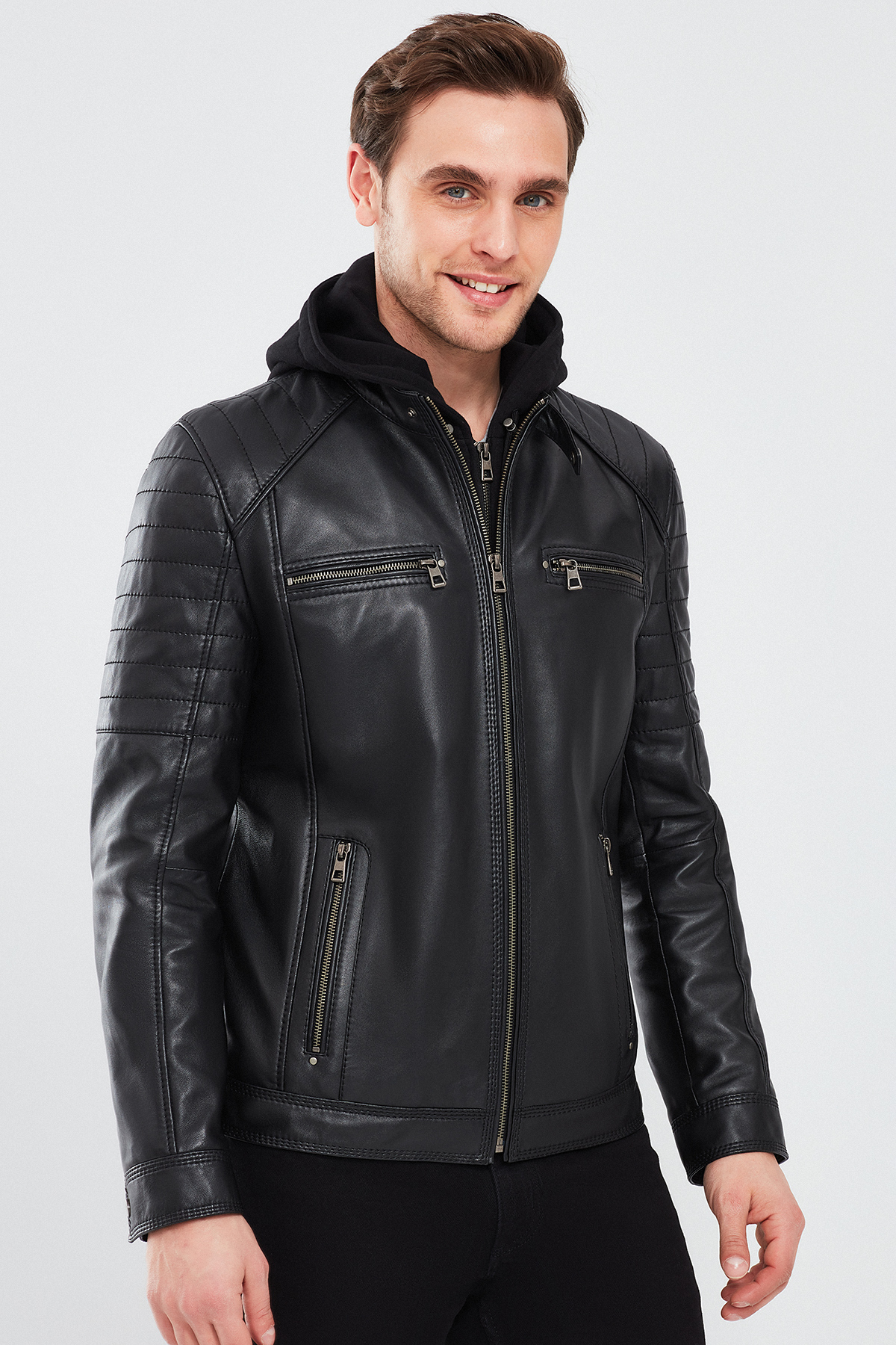 Derimod  Sergio Erkek Siyah Kapüşonlu Spor Deri Mont 24SGE65191M - Görsel 3