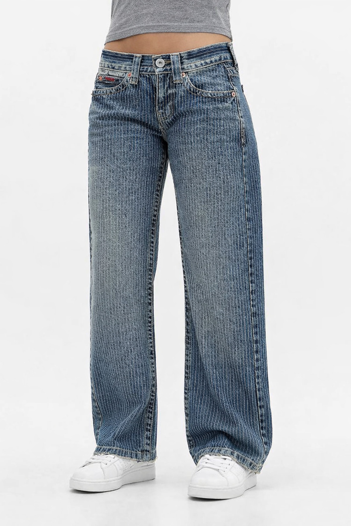 september island  Jasika Şerit Çizgili Dumanlı Mavi Renk Düşük Bel Pantolon - Görsel 5