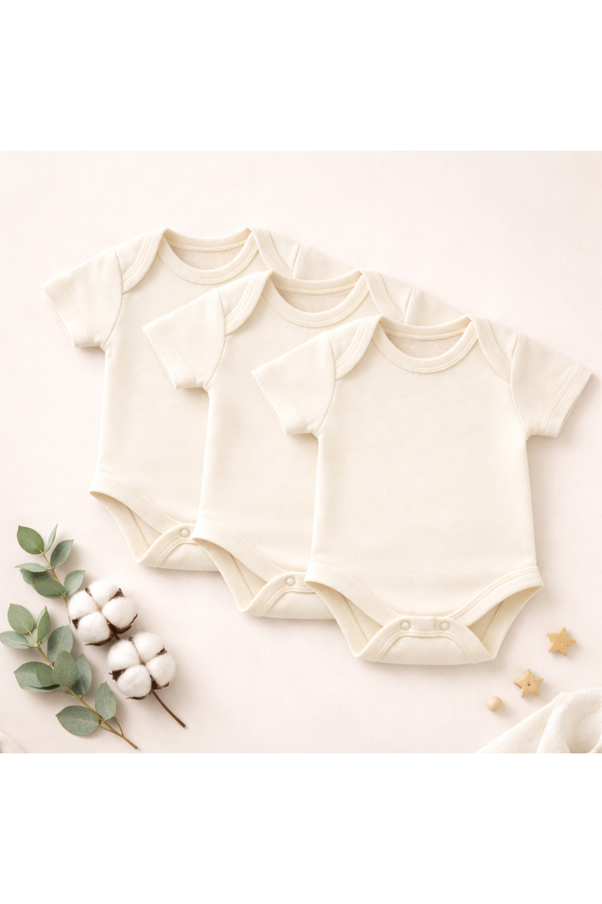 Novibaby 3'lü Bebek Body Zıbın Çıtçıtlı Kısa Kol Ekru 100% Pamuk Yenidoğan fotoğrafı 2 (önizleme)