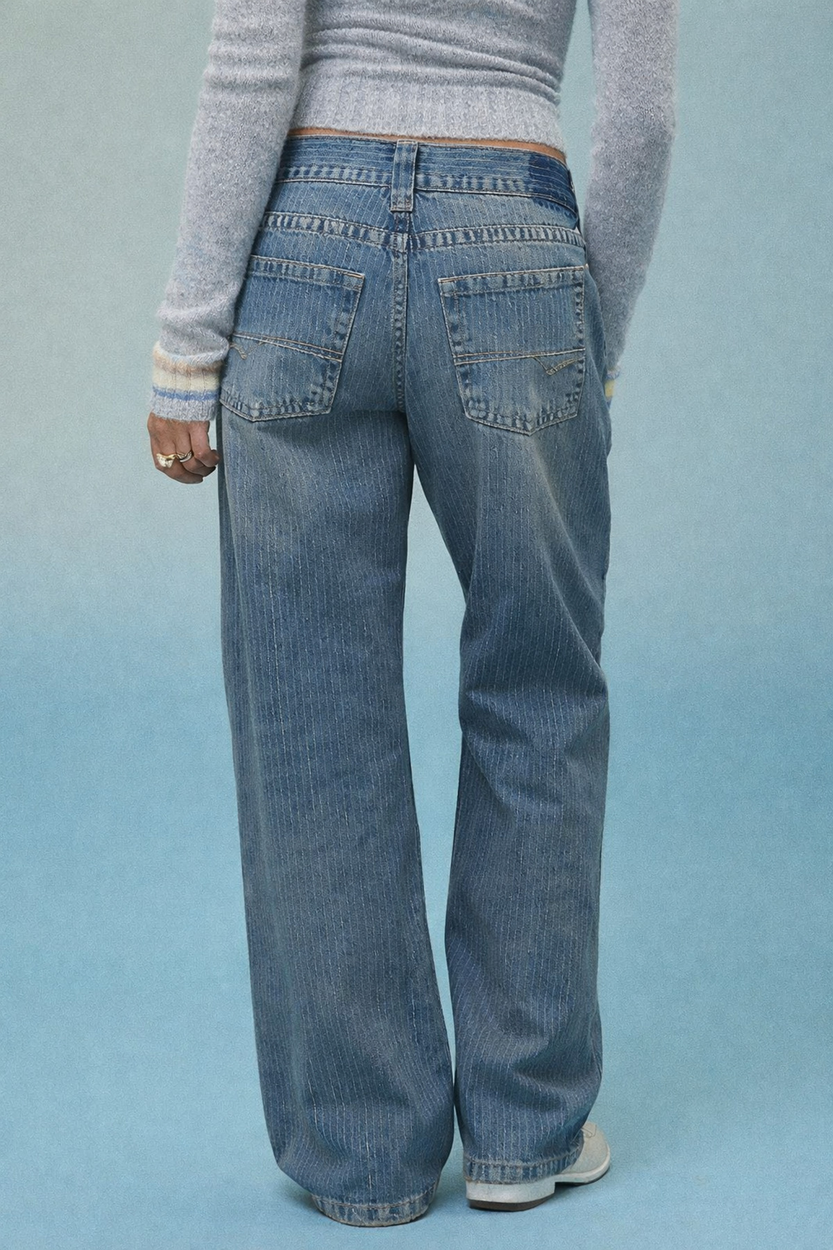 september island  Jasika Şerit Çizgili Dumanlı Mavi Renk Düşük Bel Pantolon - Görsel 4