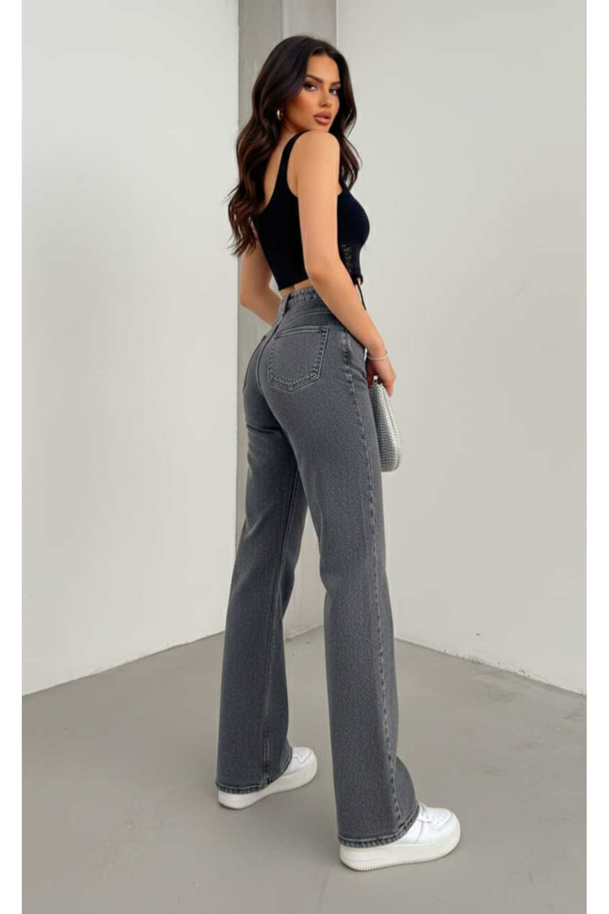 TRENDNATUREL  Esse Gold Ikon 90's Füme Likralı Süper Extra Yüksek Bel Palazzo Salaş Jean Pantolon - Görsel 5