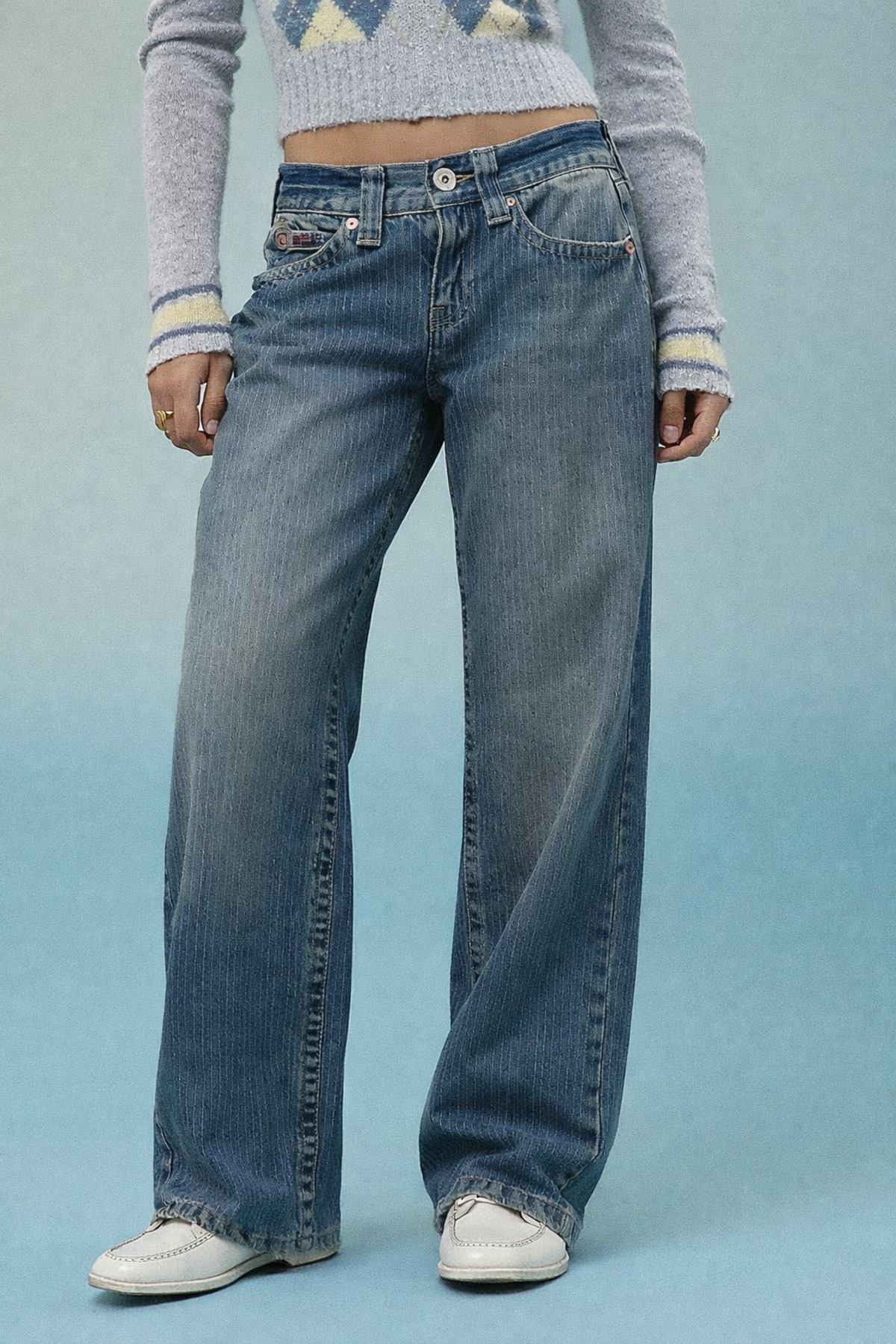 september island  Jasika Şerit Çizgili Dumanlı Mavi Renk Düşük Bel Pantolon