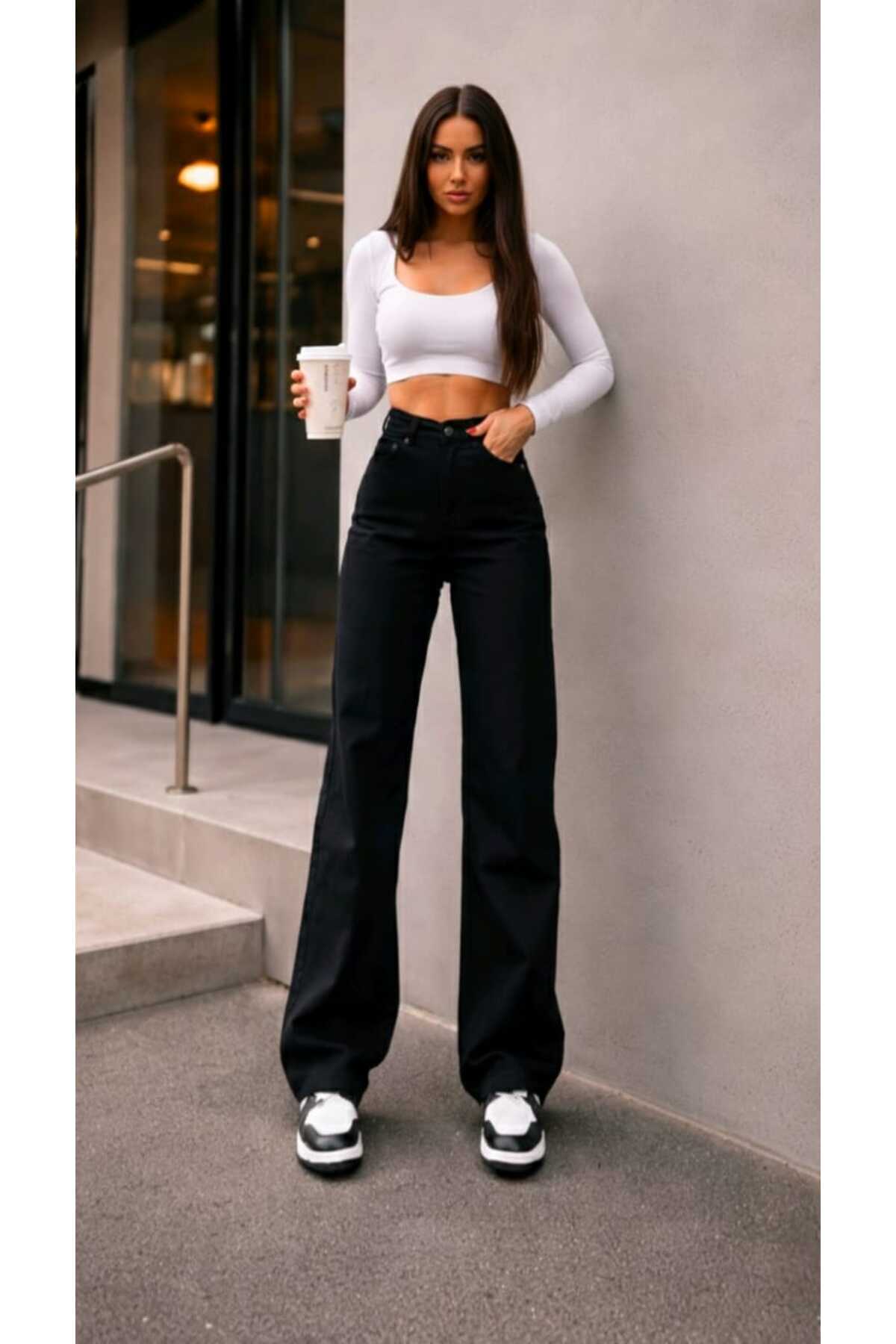 TRENDNATUREL Tessa Gold Ikon 90's Siyah Likralı Süper Extra Yüksek Bel Palazzo Salaş Jean Pantolon görsel 5