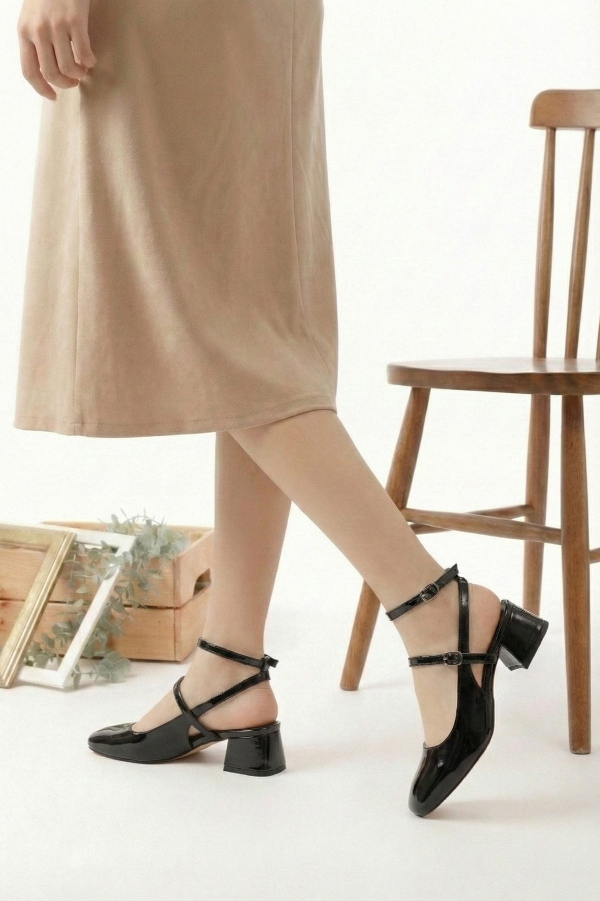 Genel Markalar  Siyah Rugan Sorelis Arkası Açık Kare Burunlu Kısa Topuk Günlük Rahat Babet Kadın Topuklu Ayakkabı - Görsel 3