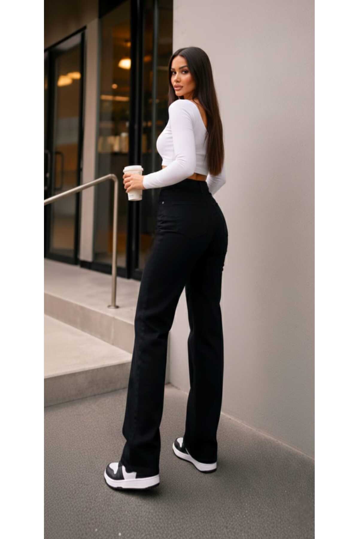 TRENDNATUREL Tessa Gold Ikon 90's Siyah Likralı Süper Extra Yüksek Bel Palazzo Salaş Jean Pantolon görsel 7