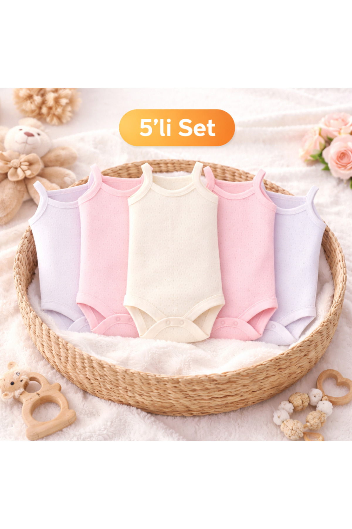 Novibaby 5'li İp Askılı Bebek Atlet Body Zıbın Pamuklu Çıtçıtlı Yenidoğan Çocuk 0-36 Ay, Esnek Kalıp fotoğrafı 3 (önizleme)