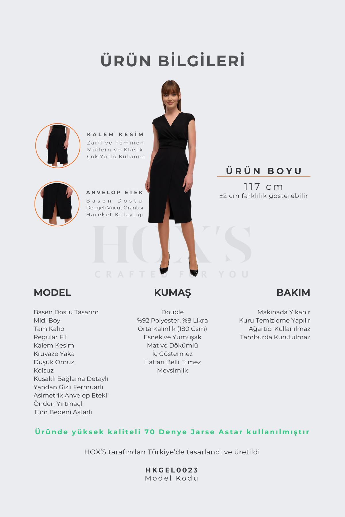 HOX'S  Olivia | Kruvaze Midi Kalem Elbise Önden Yırtmaçlı Arkadan Bağlamalı - Siyah - Görsel 6