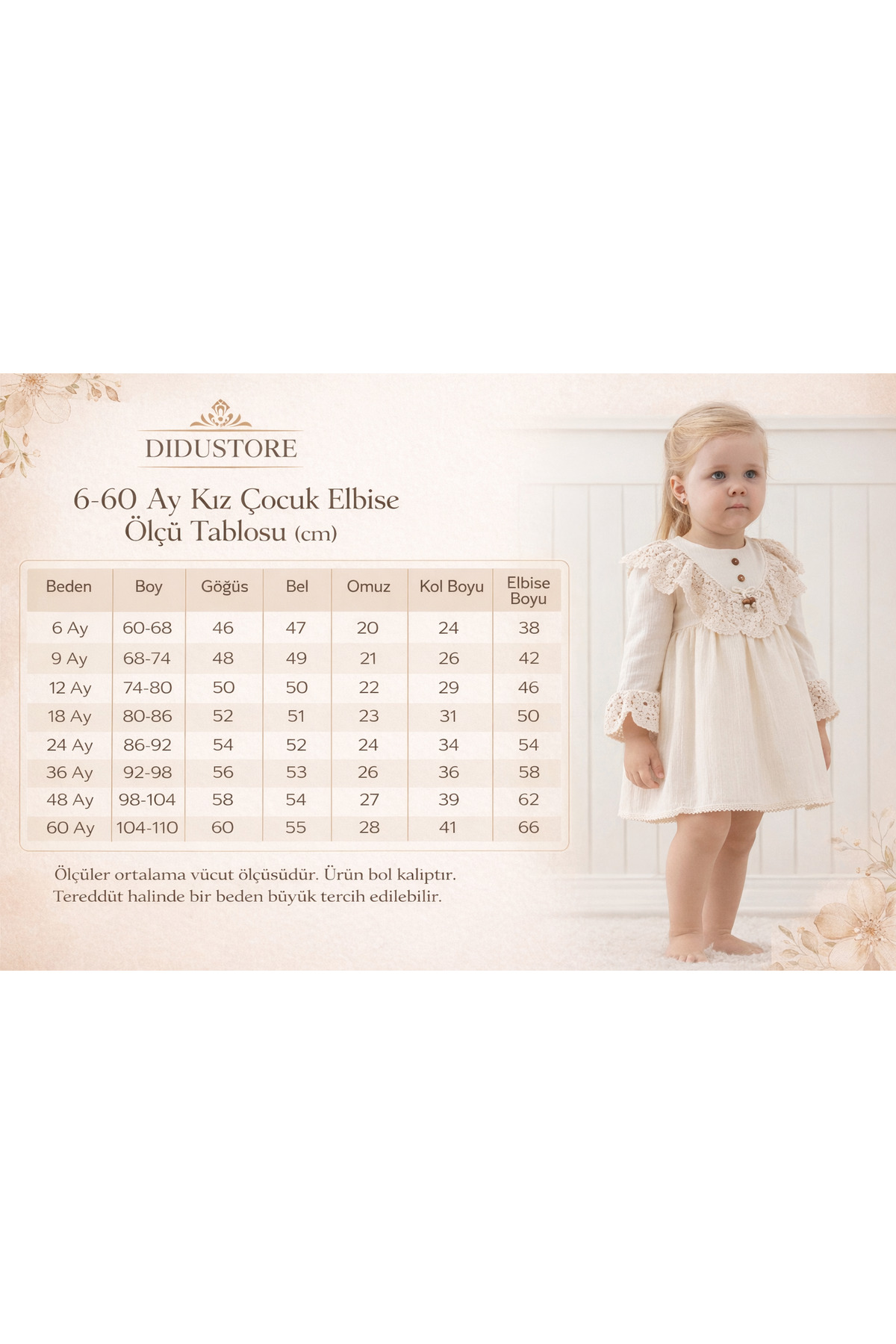 DIDuStore Dantel Yaka ve Kol Detaylı Zarif Bej Kız Bebek Elbisesi fotoğrafı 5 (önizleme)