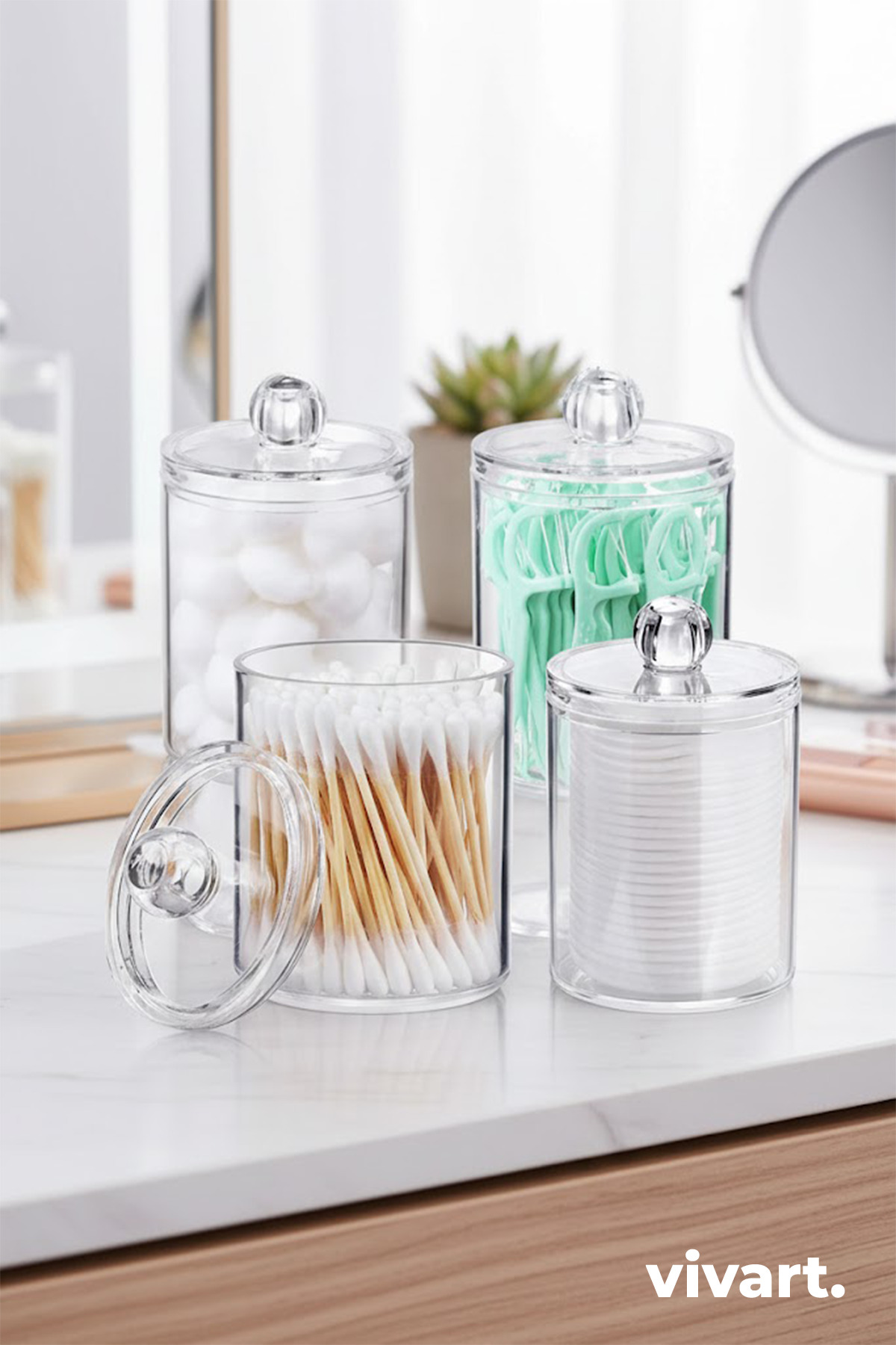 4-Piece Bathroom and Vanity Table Organizer Set - Cotton Bowl, Ear Stick and Dental Floss Organizer
