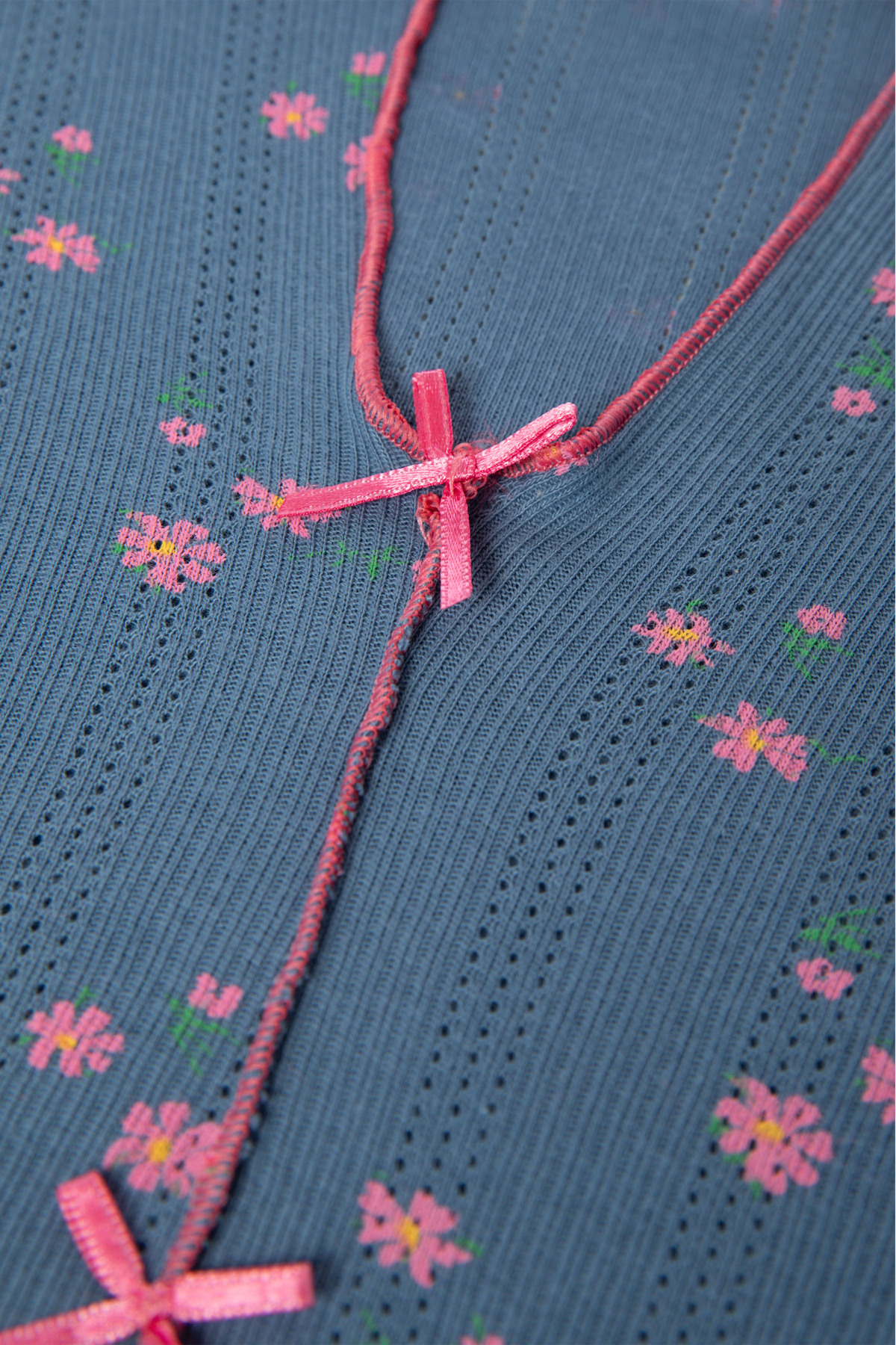 koza iç giyim Kadın Pamuklu Çıtır Çiçek Desenli Baby Overloklu Fiyonklu Uzun Kollu Pijama Takımı görsel 4